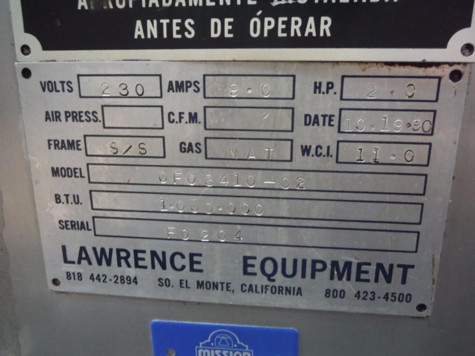 Lawrence 3 pass oven, Model 0F03410-02, SN F0204, 1,000,000 BTU, Natural Gas, 108 in. long x 36 in. - Image 6 of 6