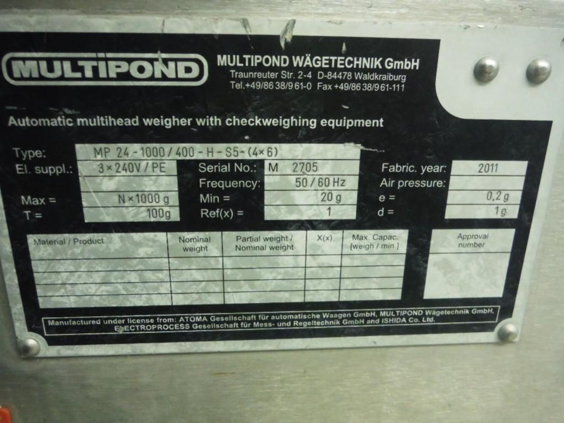 2011 Multipond 24 head scale, Type MP 24-1000/400-H-S5-(4X6), SN M 2705, (2) SS change parts on cast - Image 2 of 11