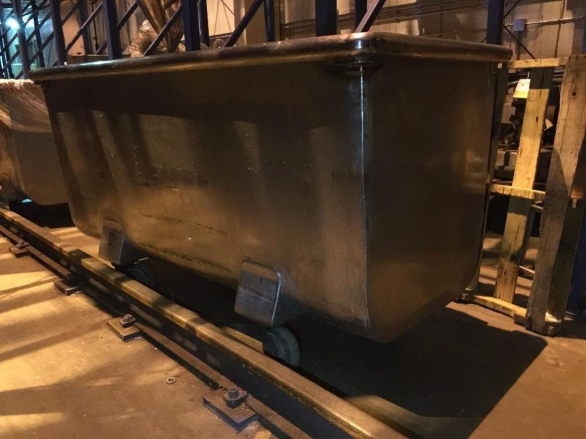 SS dough trough, 36 in x 76 in x 34 in deep, hinged fold down side, on wheels. ** (Located in - Image 2 of 5