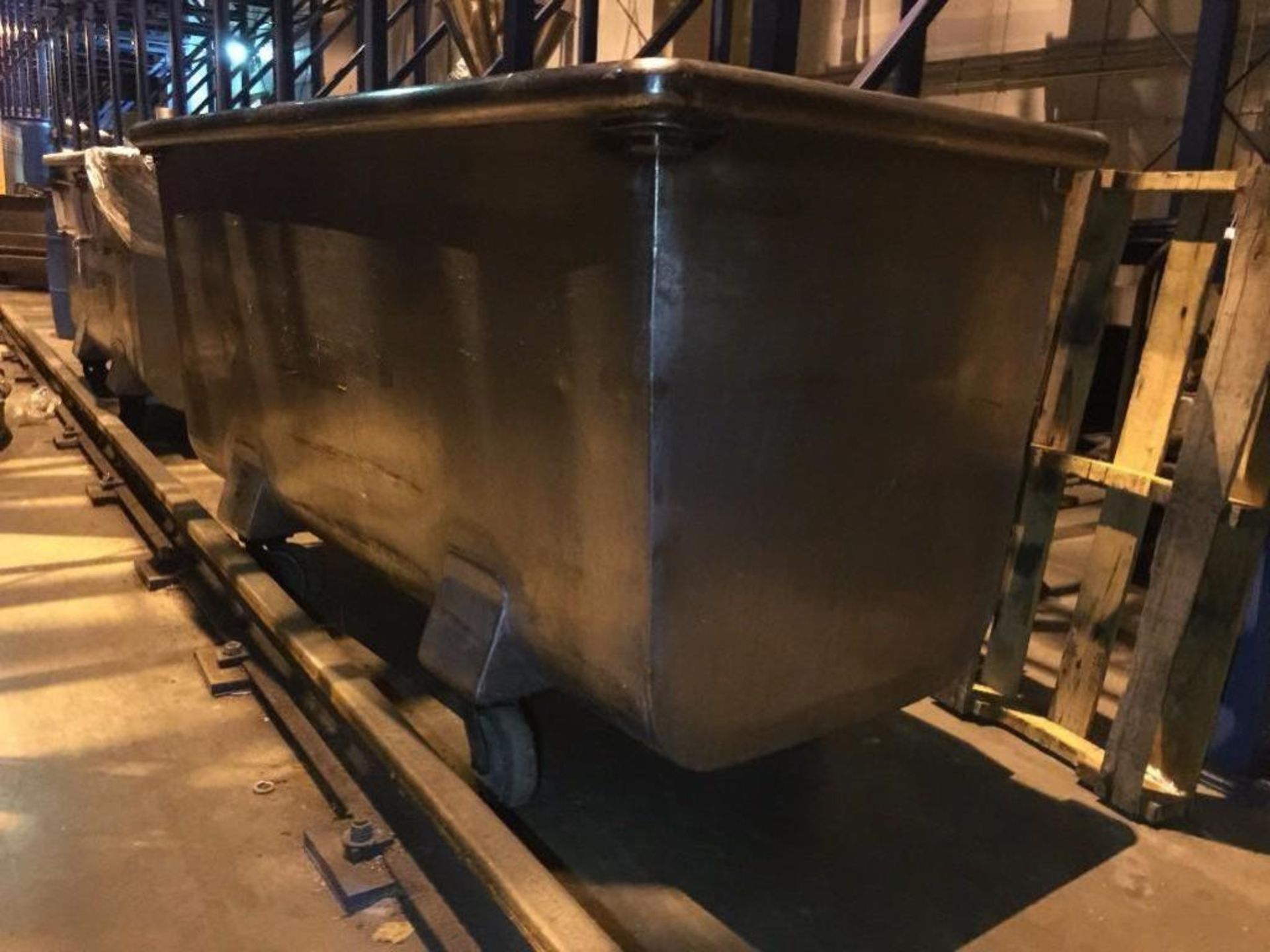 SS dough trough, 36 in x 76 in x 34 in deep, hinged fold down side, on wheels. ** (Located in