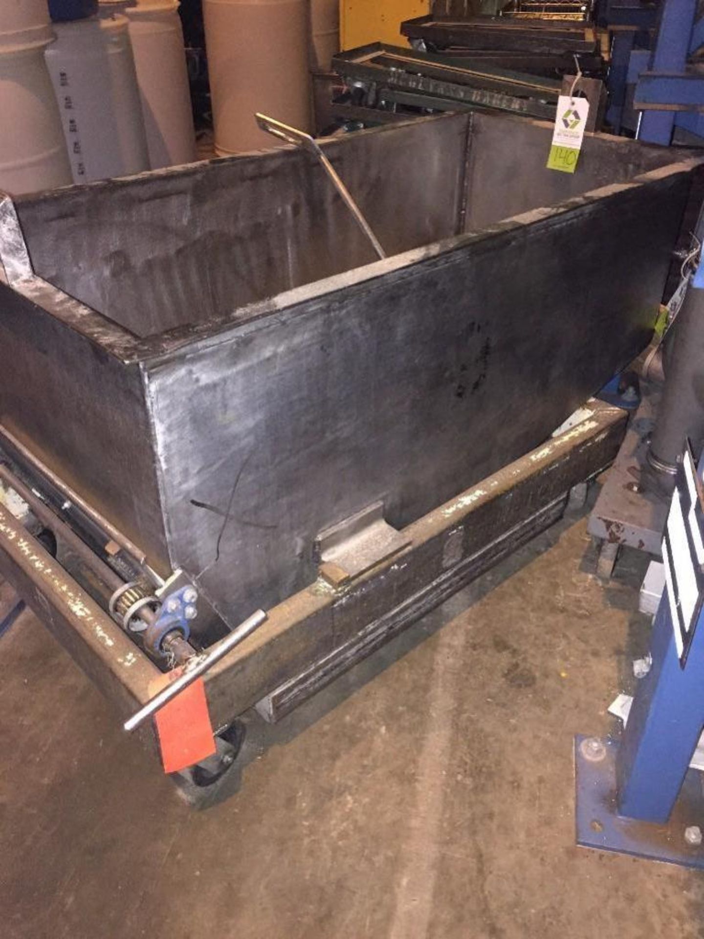 SS dough trough, 25 in wide x 52 in long, slant bottom, with gate on one end, mild steel cart. ** ( - Image 3 of 3