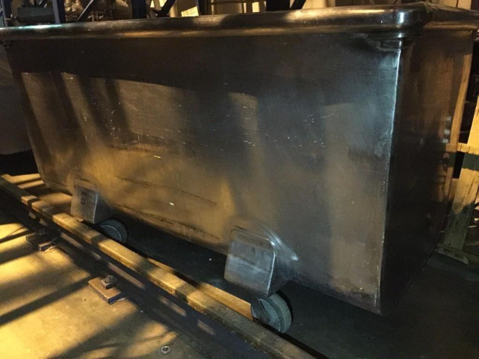 SS dough trough, 36 in x 76 in x 34 in deep, hinged fold down side, on wheels. ** (Located in - Image 3 of 5