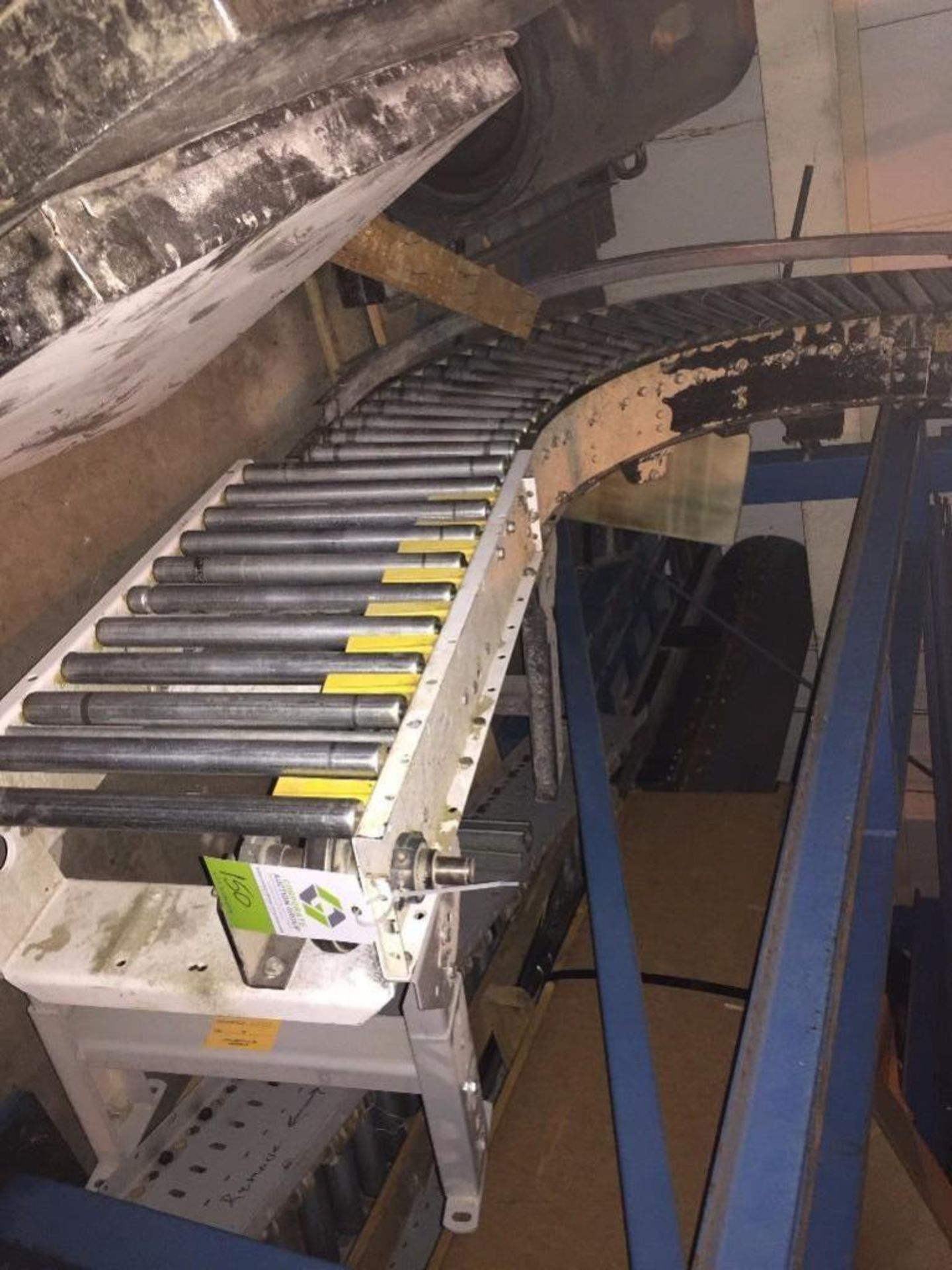 mild steel roller conveyor with 90 degreeturn; SS banded belt section. ** (Located in Fridley,