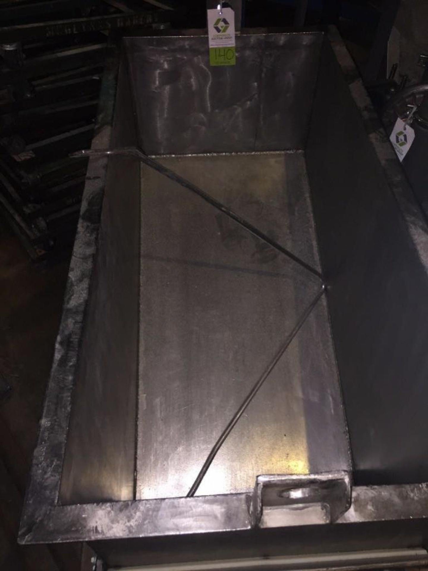 SS dough trough, 25 in wide x 52 in long, slant bottom, with gate on one end, mild steel cart. ** ( - Image 2 of 3