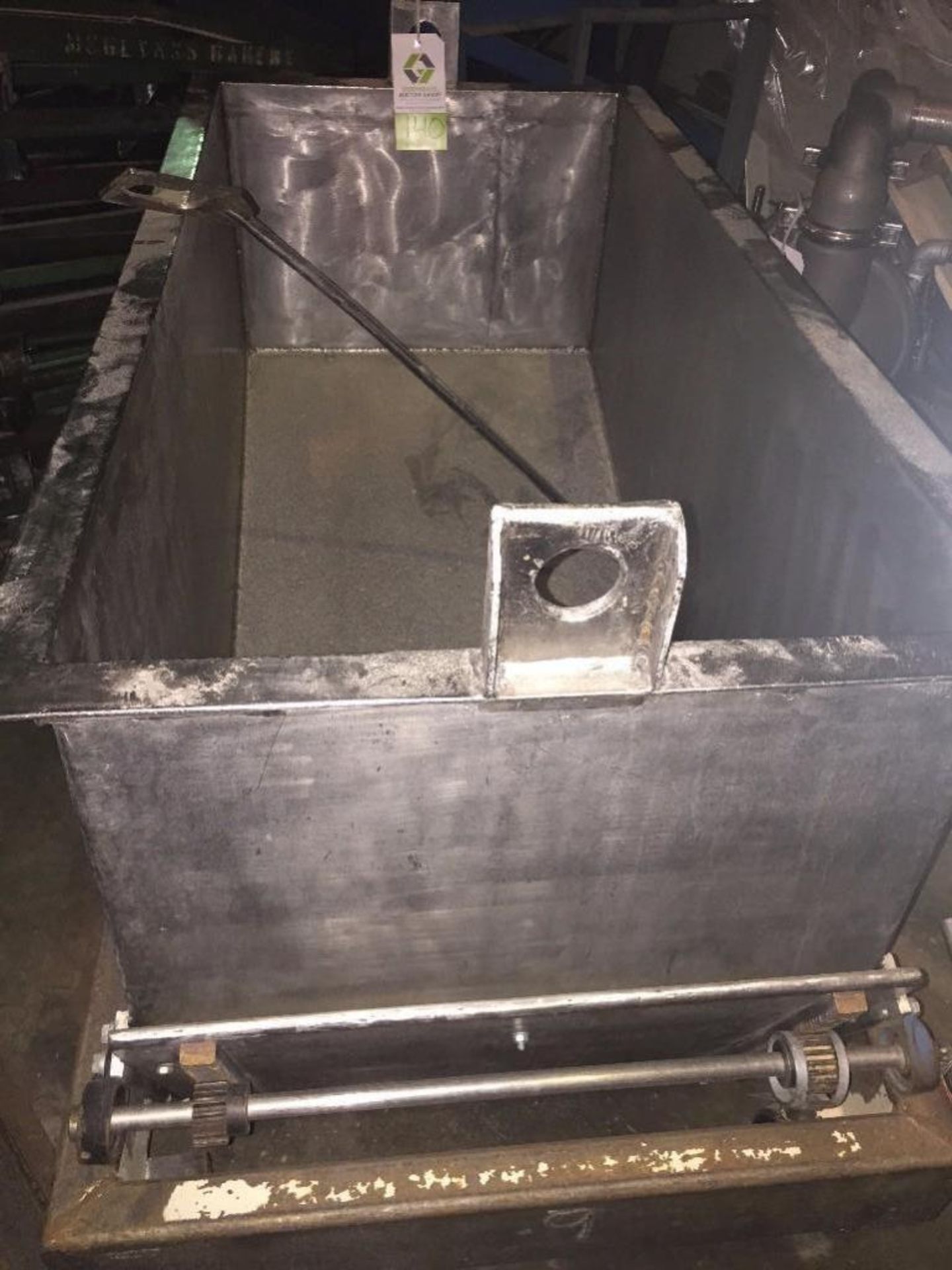 SS dough trough, 25 in wide x 52 in long, slant bottom, with gate on one end, mild steel cart. ** (