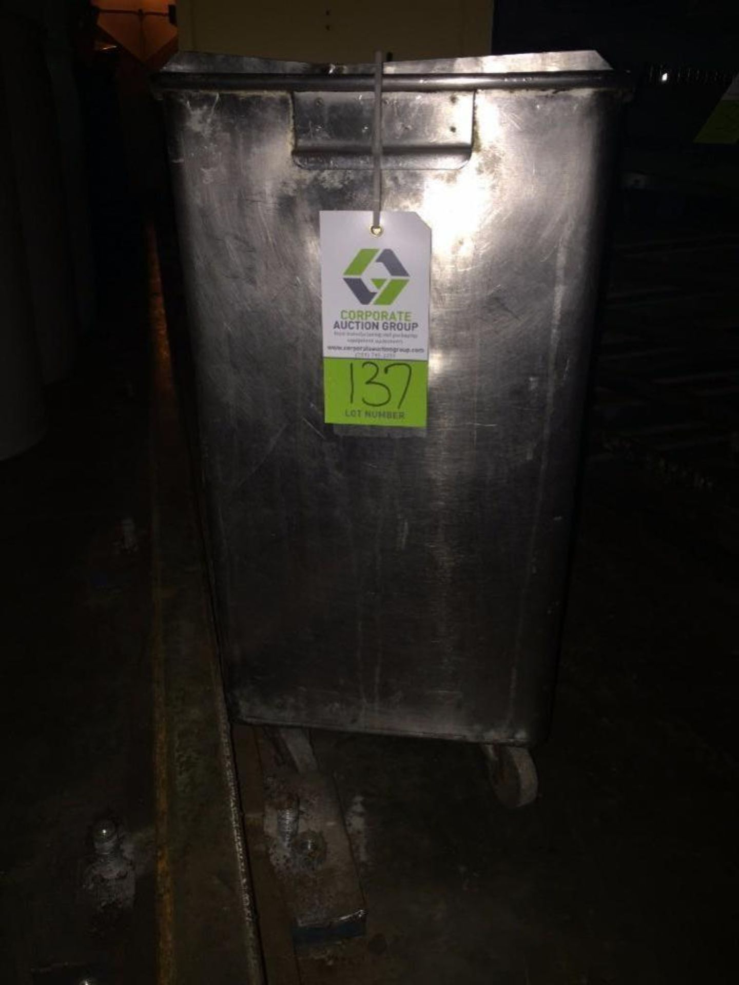 SS ingredient bin, 14 in x 29 inch x 22 inch deep, with cover, on wheels. ** (Located in Fridley,