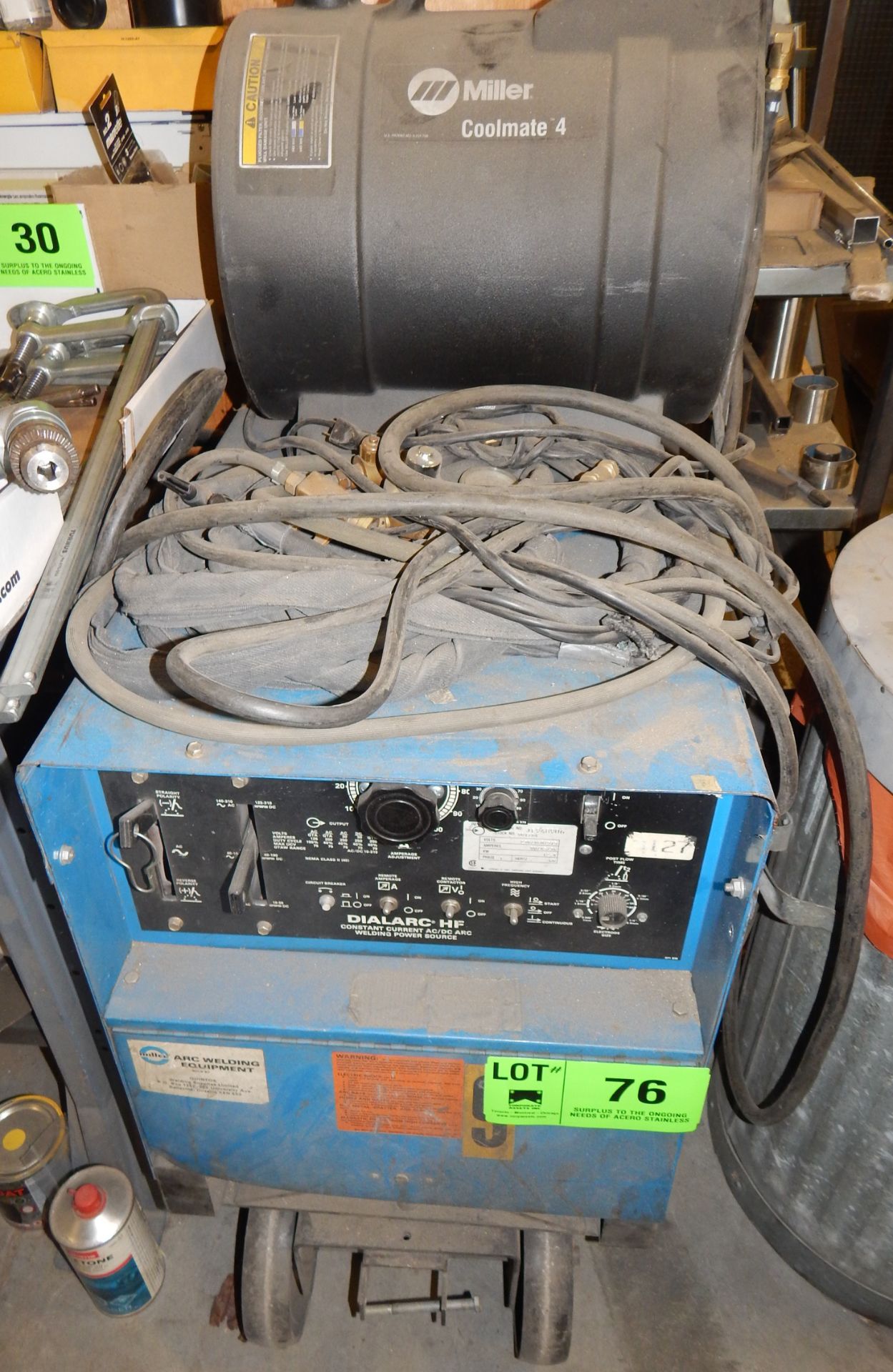 MILLER DIALARC HF AC/DC CONSTANT CURRENT WELDER WITH CABLES AND GUN AND MILLER COOLMATE4 LIQUID