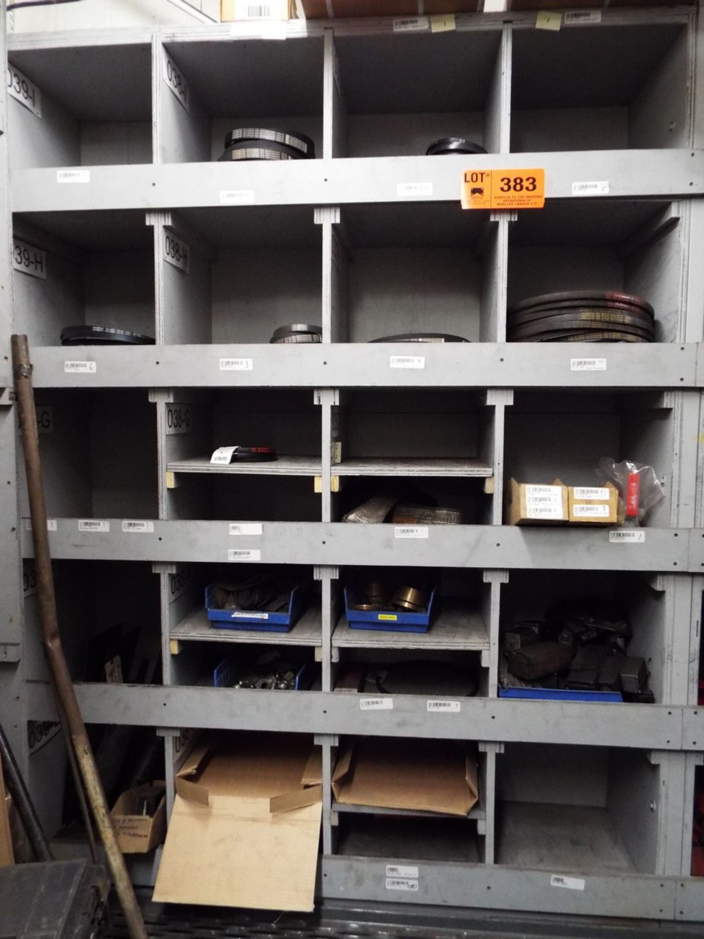 LOT/ CONTENTS OF SHELF - DRIVE BELTS AND SPARE PARTS