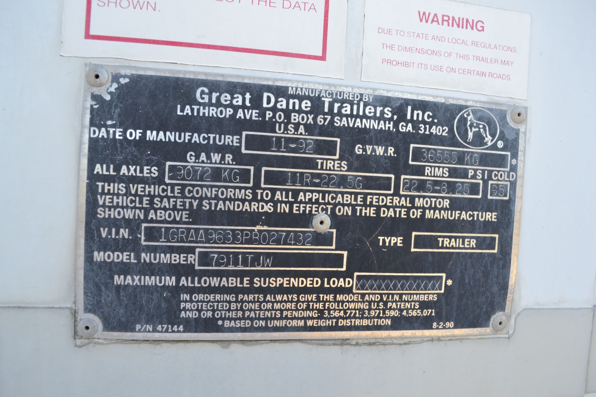 GREAT DANE (1993) 53' TRI-AXLE TRAILER  VIN - 1GRAA963PB027432 - Image 3 of 4