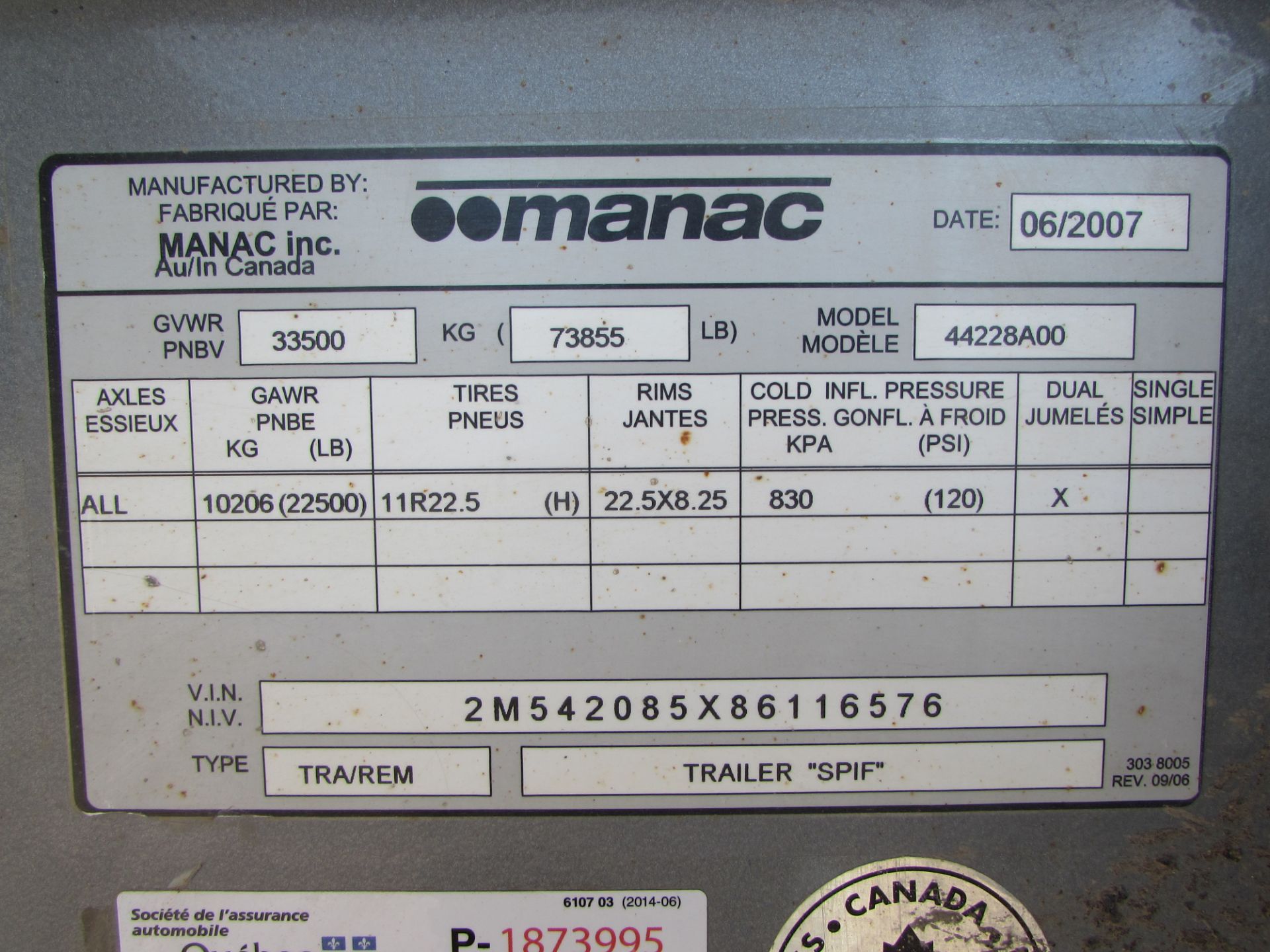 2008 MANAC TANDEM AXLE END DUMP TRAILER C/W AIR RIDE SUSPENSION VIN #2M542085X86116576 - Image 2 of 3