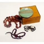 Various bead necklaces, a Rowenta powder