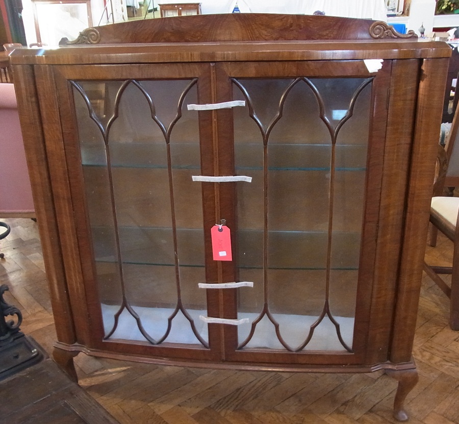 A burr walnut display cabinet with pair