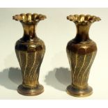 Pair Indian Benares brass vases each wit