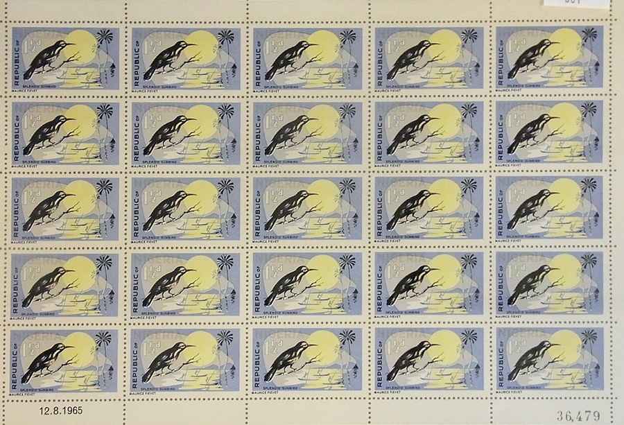 Framed sheet of Nigerian stamps showing