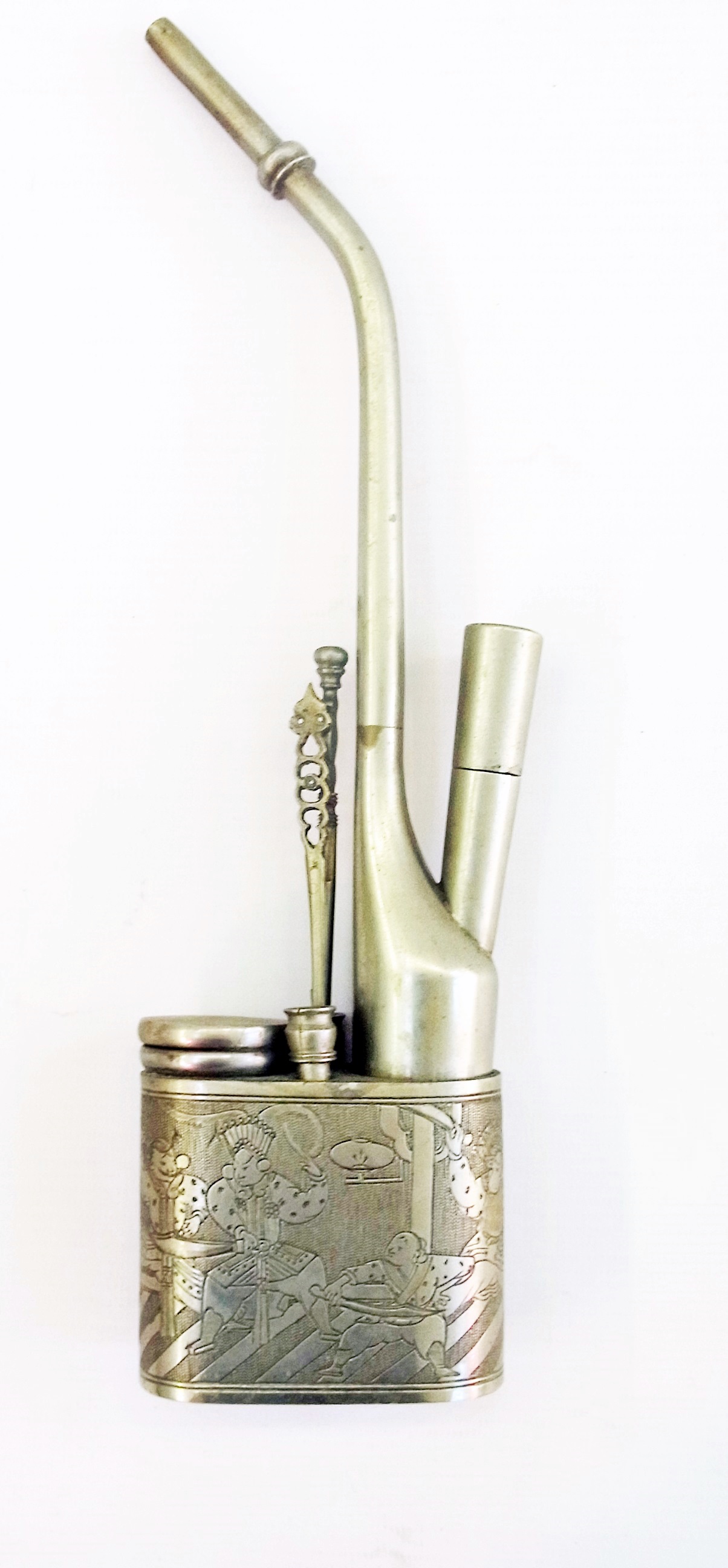 Chinese white metal opium pipe engraved