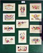 Framed collection of silk embroidered ca