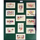 Framed collection of silk embroidered ca