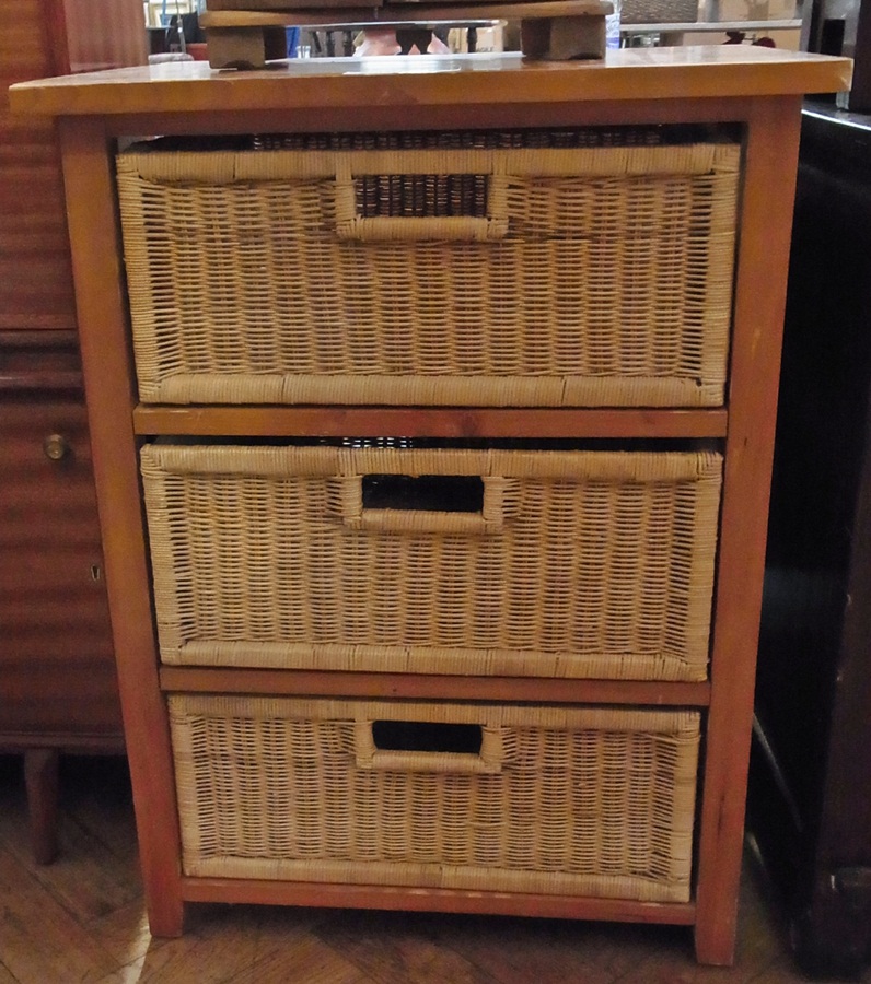 Pine and cane chest with three basket-ty