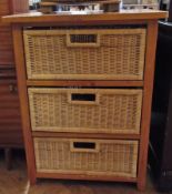 Pine and cane chest with three basket-ty