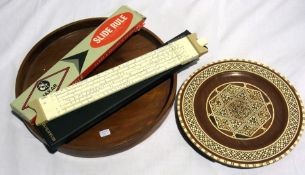 Quantity wooden trays, slide rules and o