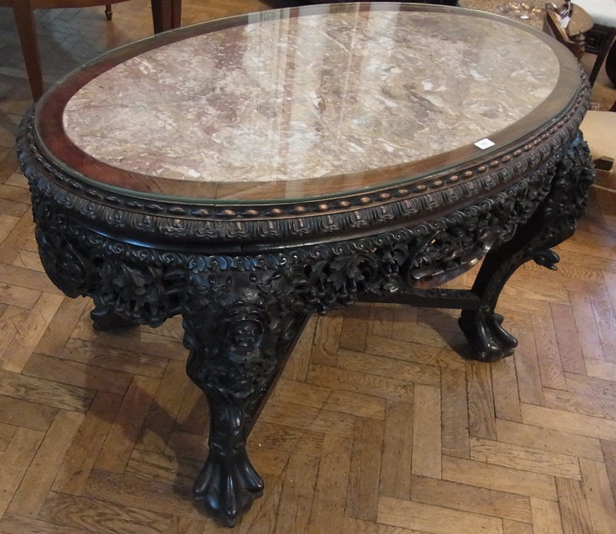 Chinese marble and carved rosewood table