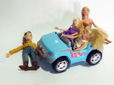 Three Barbie dolls, Wrangler plastic Bar