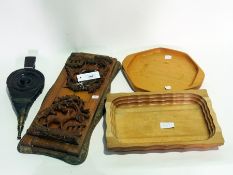 Carved book rest, pair small fire bellow