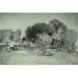 Pencil drawing, Wooded landscape with ho
