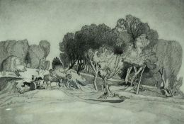 Pencil drawing, Wooded landscape with ho