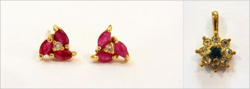 Pair 14K gold ruby and diamond earrings,