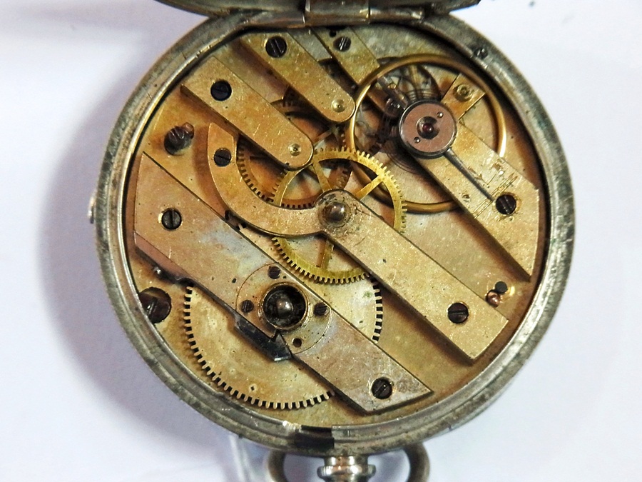 A silver open-faced pocket watch with en - Image 2 of 2