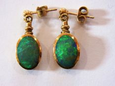 Pair 9ct gold and opal drop earrings, ea