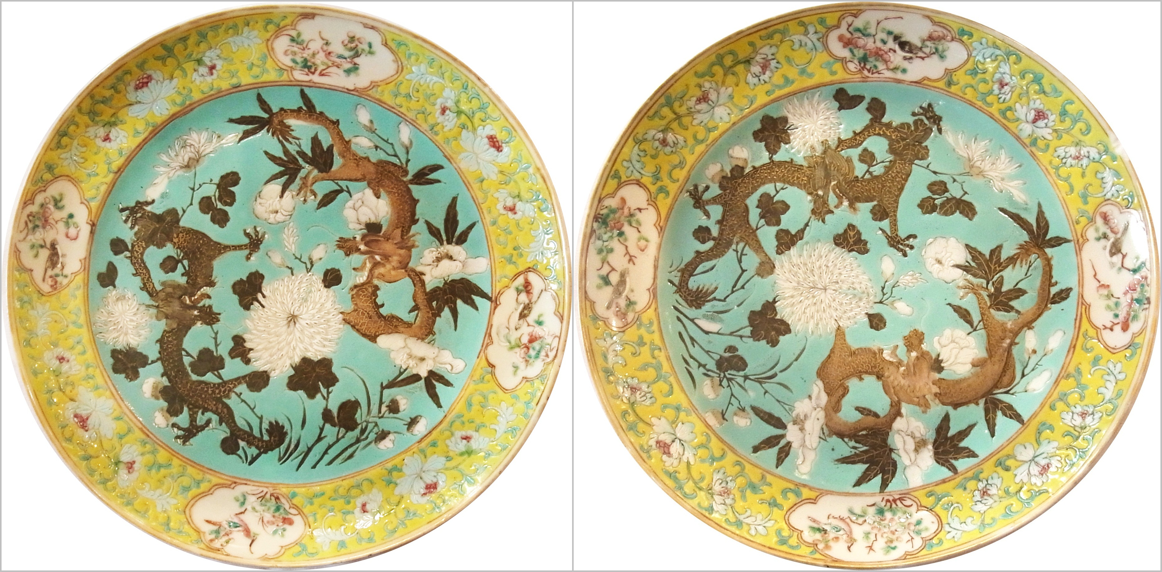 Pair of late 19th century Chinese porcelain plates, the yellow enamelled border with floral scroll