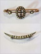 Seedpearl bar brooch and a crescent-shap