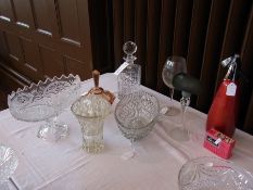 Two glass bowls, a decanter and other su