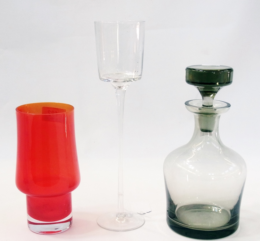 A grey decanter, 20cm, a red vase 15cm a