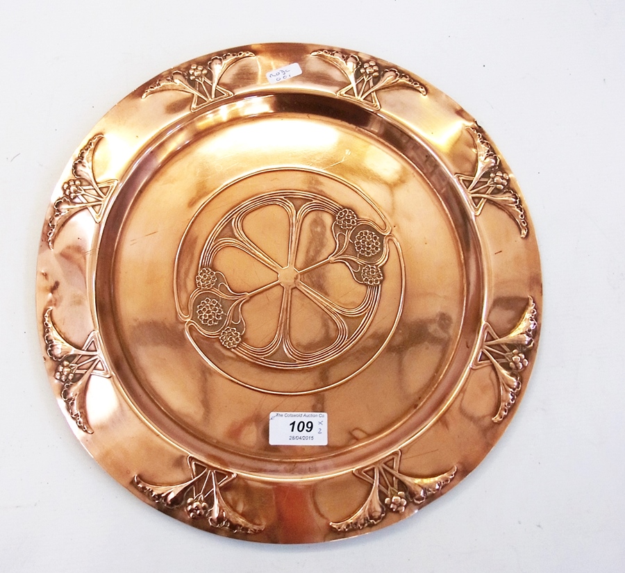 Art Nouveau embossed copper charger with - Image 2 of 2