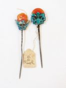 Two Chinese cornelian and enamel stick p