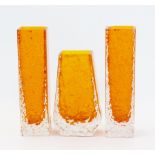 A Whitefriars coffin-shaped tangerine vase, 13cm and two other Whitefriars tangerine glass vases,