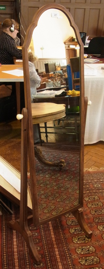 Inlaid mahogany cheval mirror having sha