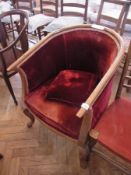 Walnut tub armchair upholstered in red v
