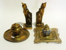 Pair of gilt metal book ends, a brass an