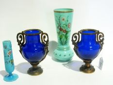 Two blue glass with metal mounts vases,