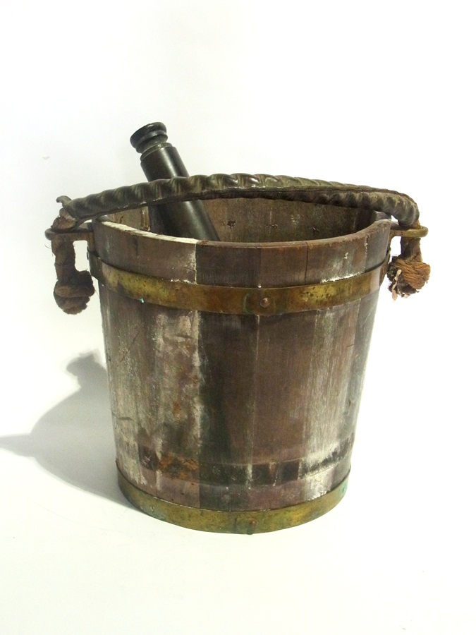 Antique brass-bound wooden bucket, with