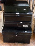 Three metal black metal/deed boxes, a mi