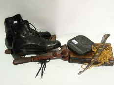 A concealed book, gavel, pair skates and