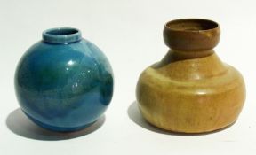 Studio pottery vase of oblate bottle for