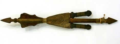 A Sudanese war mase, with pointed end, 6 blades, snake skin covered hanndle and fitted with two