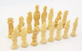 Oriental carved bone chess set, 32 piece