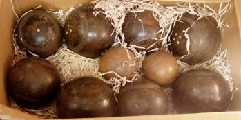 Ten turned wood bowling balls, various s